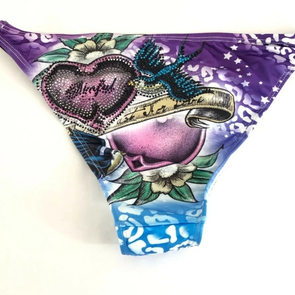 Sinful by Affliction Bikini Bottom Studded Birds Leopard Rhinestone Blue Size XS - Picture 2 of 4